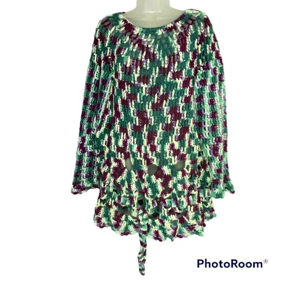Handmade Tunic Sweater L XL Loose Knit Beach Coverup‎ Boho Belted Purple Green - Picture 1 of 13